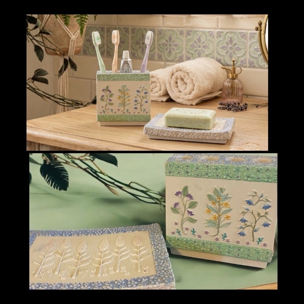Vintage Shabby Chic Pastel Floral Embossed Decorative Toothbrush & Soap Dish